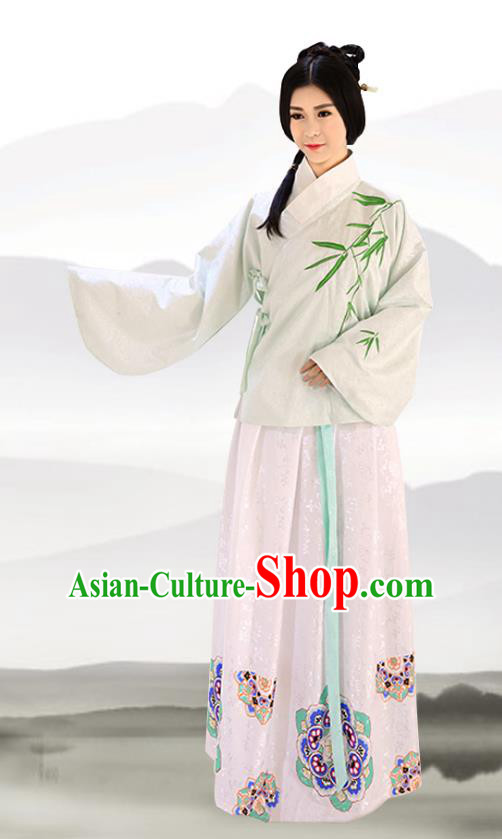 Traditional Chinese Ming Dynasty Imperial Consort Costumes Ancient Embroidered Bamboo Green Blouse and Pink Slip Skirts for Women