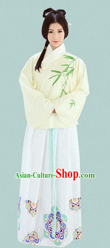 Traditional Chinese Ming Dynasty Imperial Consort Costumes Ancient Embroidered Bamboo Yellow Blouse and White Slip Skirts for Women