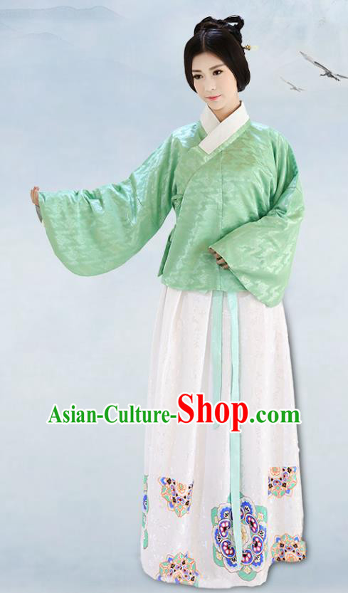 Traditional China Costume Embroidery Green Blouse and White Skirt Complete Set, Chinese Ming Dynasty Princess Clothing for Women