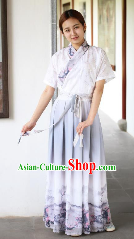 Traditional Asian China Costume Printing Wintersweet Blouse and Skirt, Chinese Han Dynasty Hanfu Embroidered Clothing for Women