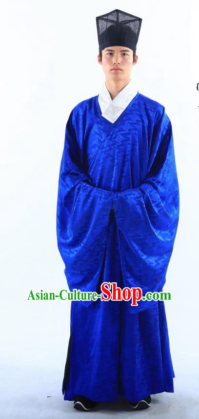 Traditional Asian China Ming Dynasty Costume Chinese Ancient Hanfu Officer Royalblue Long Robe for Men