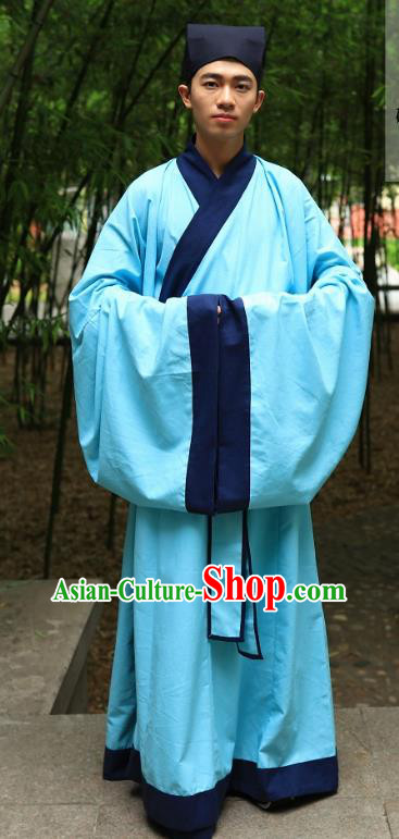 Traditional Asian China Ming Dynasty Costume Chinese Ancient Hanfu Officer Scholar Long Robe Blue Priest Frock for Men