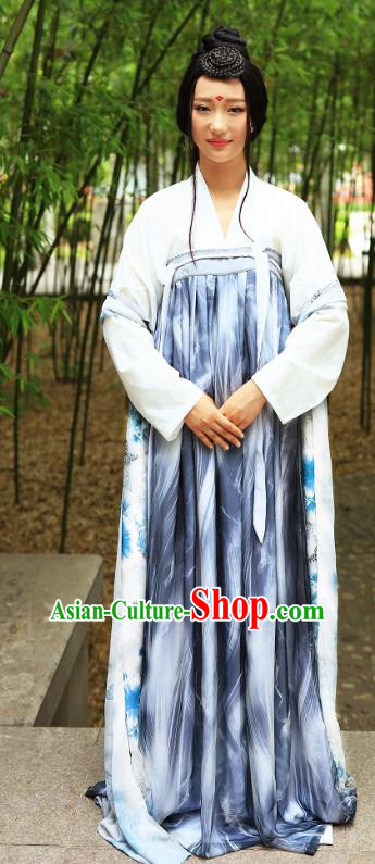 Traditional Chinese Hanfu Costumes Ancient Tang Dynasty Young Lady Blouse and Printing Slip Skirts Complete Set