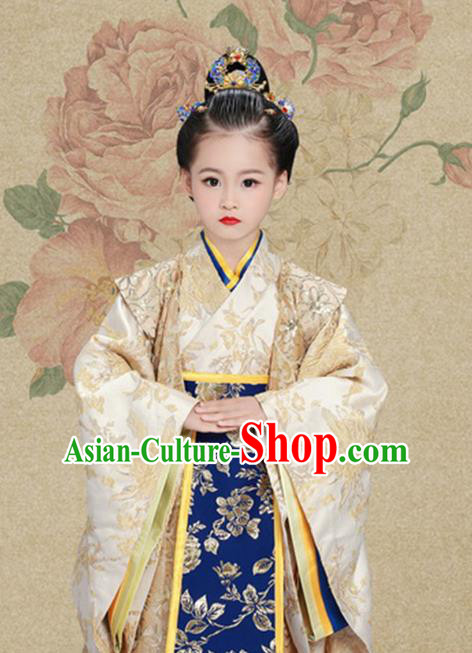 Traditional Chinese Han Dynasty Imperial Princess Tailing Embroidered Clothing and Headpiece for Kids