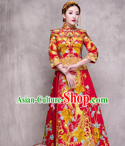 Traditional Ancient Chinese Costume Xiuhe Suits Chinese Style Wedding Embroidery Dragon and Phoenix Bride Cheongsam Clothing for Women
