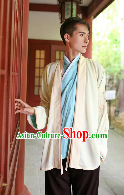 Traditional Chinese Hanfu Costumes Ancient Han Dynasty Young Men Embroidery Yellow Shirts