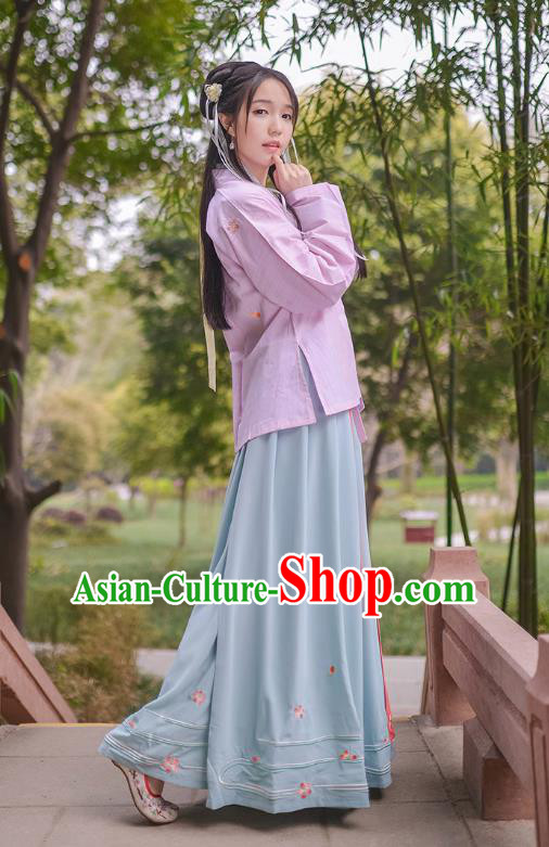 Traditional Chinese Hanfu Costumes Ancient Han Dynasty Young Lady Embroidery Purple BeiZi Blouse and Skirts Complete Set