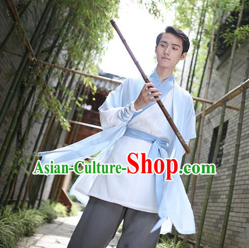 Traditional Chinese Hanfu Costumes Ancient Han Dynasty Swordsman Embroidery Blue Clothing Complete Set