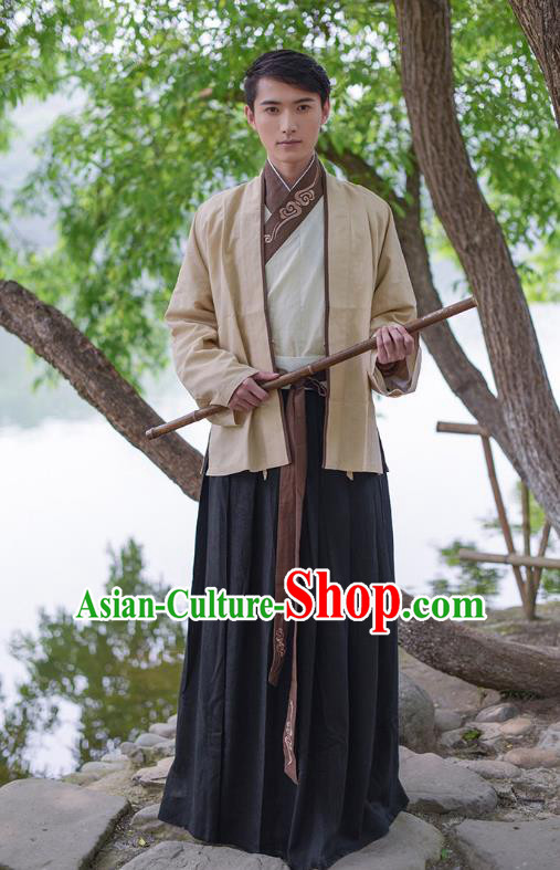 Traditional Chinese Hanfu Costumes Ancient Han Dynasty Swordsman Embroidery Clothing Yellow Half-arm Shawl and Robe Complete Set