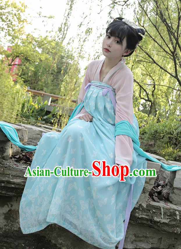 Ancient Chinese Palace Princess Costume, Traditional China Tang Dynasty Young Lady Clothing Pink Blouse and Blue Skirt Complete Set