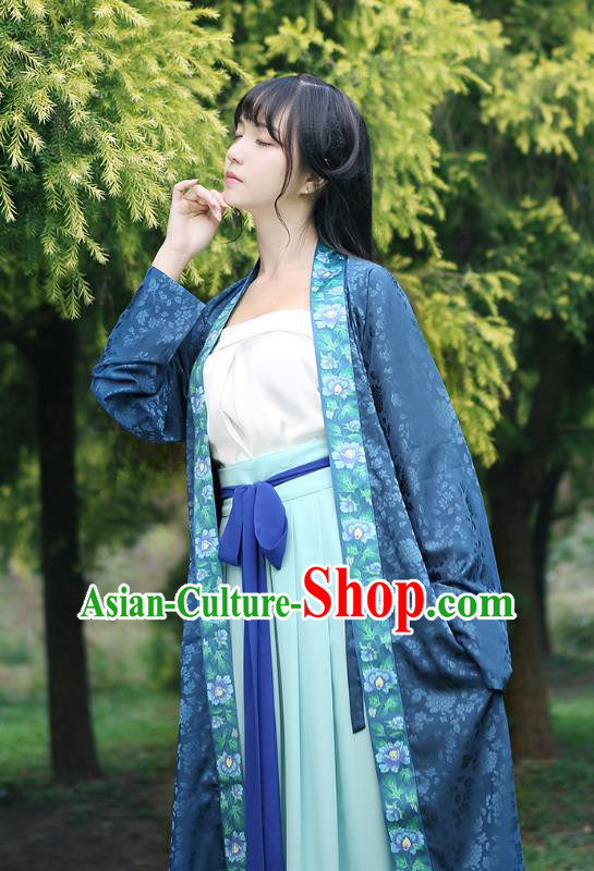 Ancient Chinese Palace Princess Hanfu Costume, Traditional China Song Dynasty Young Lady Embroidery Blue BeiZi Boob Tube Top and Skirt Complete Set