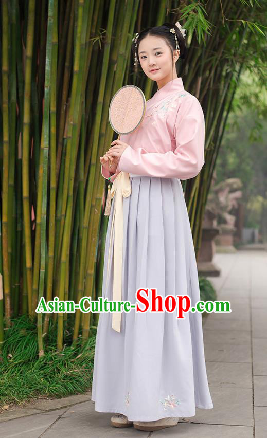 Ancient Chinese Palace Princess Hanfu Costume, Traditional China Ming Dynasty Young Lady Pink Embroidery Blouse and Blue Skirt Complete Set