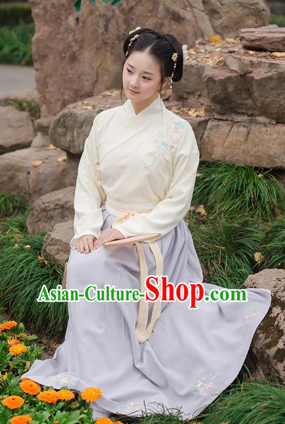 Ancient Chinese Palace Princess Hanfu Costume, Traditional China Ming Dynasty Young Lady Yellow Embroidery Blouse and Blue Skirt Complete Set