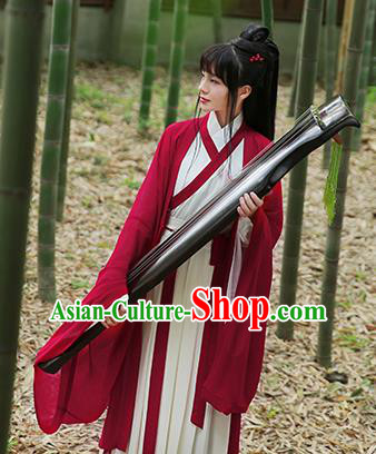 Ancient Chinese Palace Princess Hanfu Costume, Traditional China Jin Dynasty Swordswoman Embroidery Red Cardigan and Dress Clothing