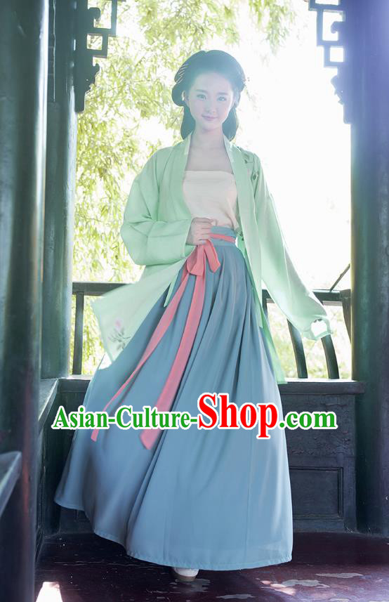 Ancient Chinese Palace Princess Hanfu Costume, Traditional China Song Dynasty Palace Lady Embroidery Green Cardigan Clothing