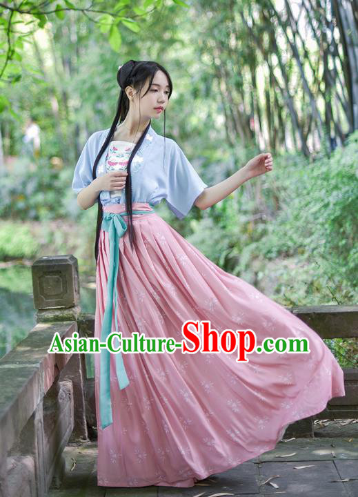 Ancient Chinese Royal Princess Hanfu Costume, Traditional China Song Dynasty Palace Lady Embroidery Blue Blouse and Pink Dress for Women