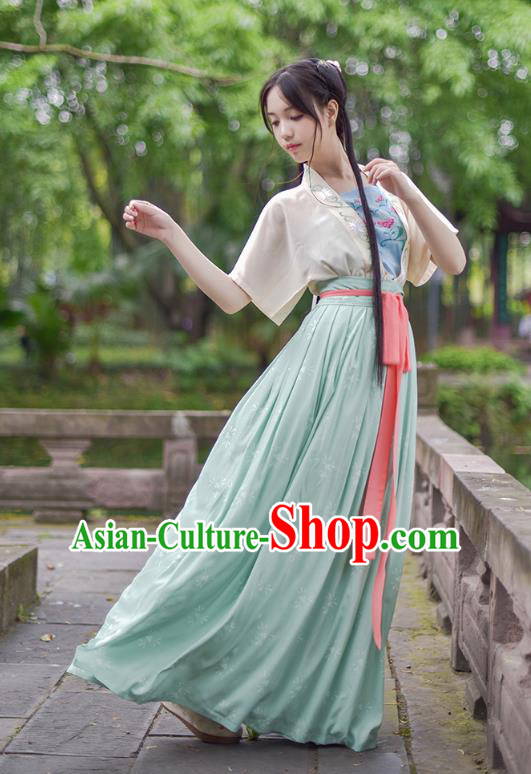 Ancient Chinese Royal Princess Hanfu Costume, Traditional China Song Dynasty Palace Lady Embroidery Yellow Blouse and Green Dress for Women