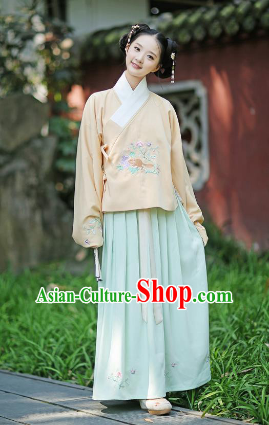 Traditional Chinese Ancient Young Lady Hanfu Costumes, Asian China Ming Dynasty Palace Princess Embroidery Yellow Blouse and Green Skirt for Women