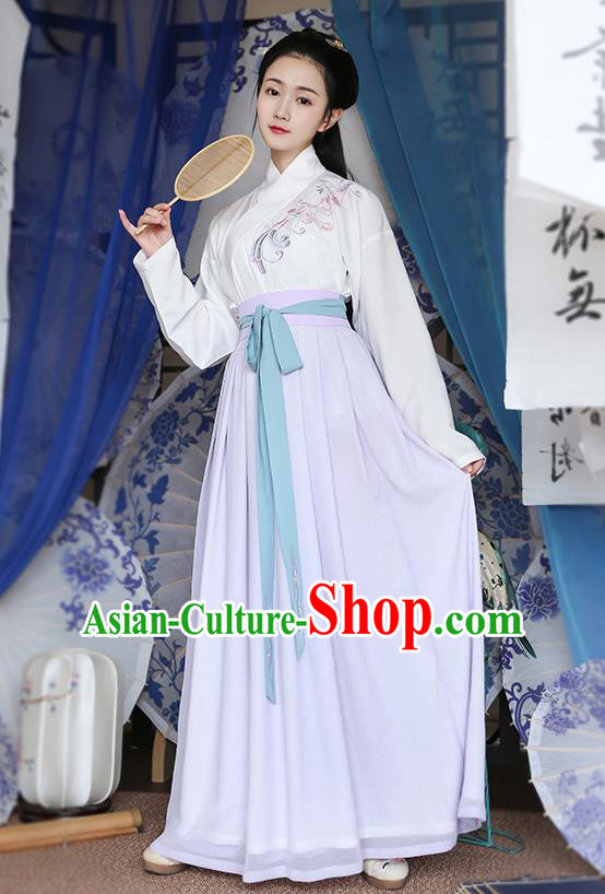 Traditional Chinese Ancient Young Lady Hanfu Costumes, Asian China Han Dynasty Palace Princess Embroidery Blouse and Purple Slip Skirts for Women