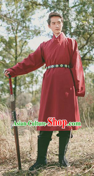 Traditional Chinese Ancient Hanfu Swordsman Costumes, Asian China Ming Dynasty Imperial Guards Embroidery Red Long Robe for Men
