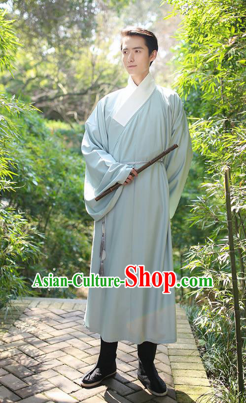 Traditional Chinese Ancient Hanfu Costume, Asian China Han Dynasty Swordsman Green Long Robe for Men
