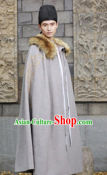 Traditional Chinese Ancient Hanfu Swordsman Cape Costume, Asian China Han Dynasty Embroidery Cloak Grey Mantle Clothing for Men