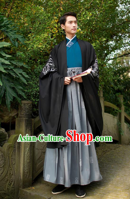 Traditional Chinese Ancient Hanfu Swordsman Cape Costume, Asian China Han Dynasty Embroidery Black Cloak Clothing for Men