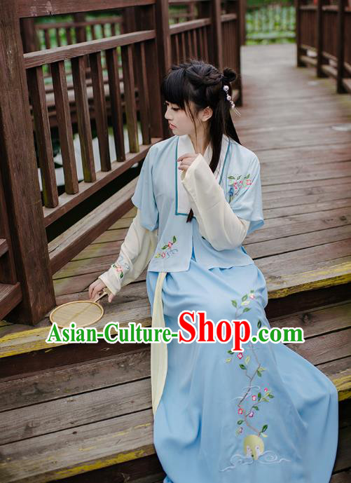 Traditional Chinese Ancient Hanfu Princess Costume, Asian China Song Dynasty Young Lady Embroidery Blue Half-Sleeves and Slip Dress for Women