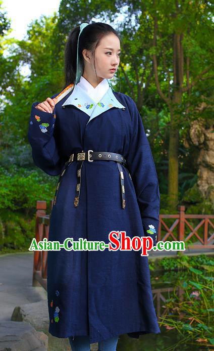 Traditional Chinese Ancient Hanfu Swordswoman Costume, Asian China Ming Dynasty Young Lady Embroidered Navy Long Robe for Women