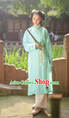 Traditional Chinese Ancient Hanfu Swordswoman Costume, Asian China Ming Dynasty Young Lady Embroidered Green Long Robe for Women