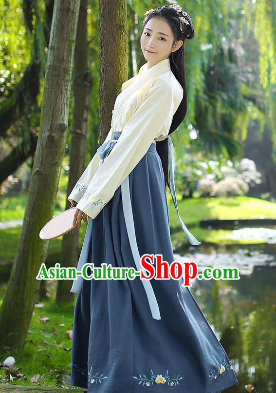 Traditional Chinese Ancient Princess Hanfu Costumes, Asian China Song Dynasty Palace Lady Embroidery Yellow Blouse and Navy Skirts for Women
