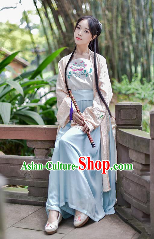 Traditional Chinese Ancient Young Lady Hanfu Costumes, Asian China Song Dynasty Palace Princess Blouse and Pants Complete Set for Women