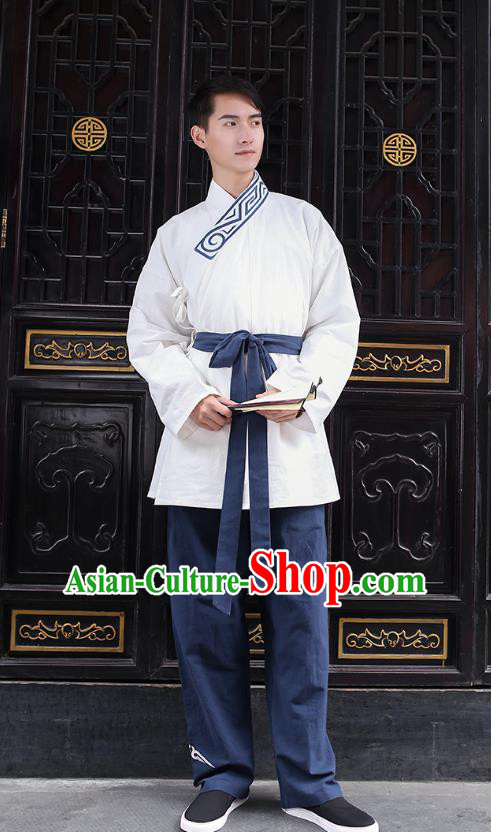 Traditional Chinese Ancient Hanfu Costumes, Asian China Han Dynasty Embroidery White Blouse and Pants for Men