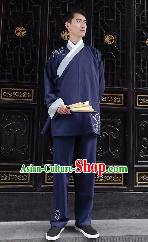 Traditional Chinese Ancient Hanfu Costumes, Asian China Embroidery Navy Blouse and Pants for Men