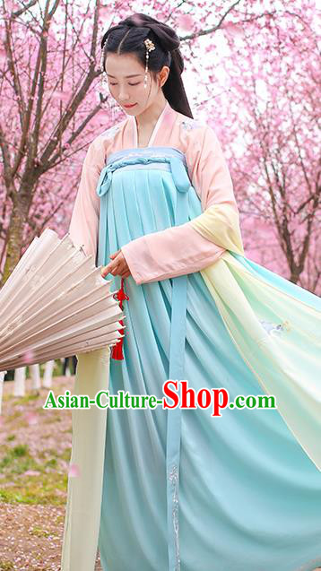 Traditional Chinese Ancient Hanfu Young Lady Costumes, Asian China Tang Dynasty Princess Embroidery Blue Slip Dress Clothing for Women