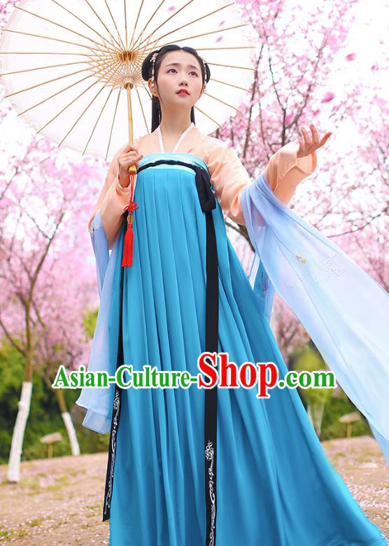 Traditional Chinese Ancient Hanfu Young Lady Costumes, Asian China Tang Dynasty Princess Embroidery Deep Blue Slip Dress Clothing for Women