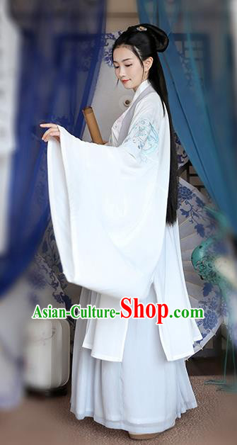 Traditional Chinese Ancient Hanfu Young Lady Costumes, Asian China Jin Dynasty Princess Embroidery White Cardigan Cloak Clothing for Women