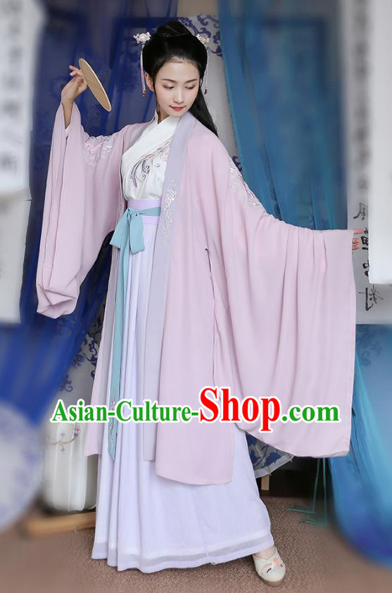 Traditional Chinese Ancient Hanfu Young Lady Costumes, Asian China Jin Dynasty Princess Embroidery Pink Cardigan Cloak Clothing for Women