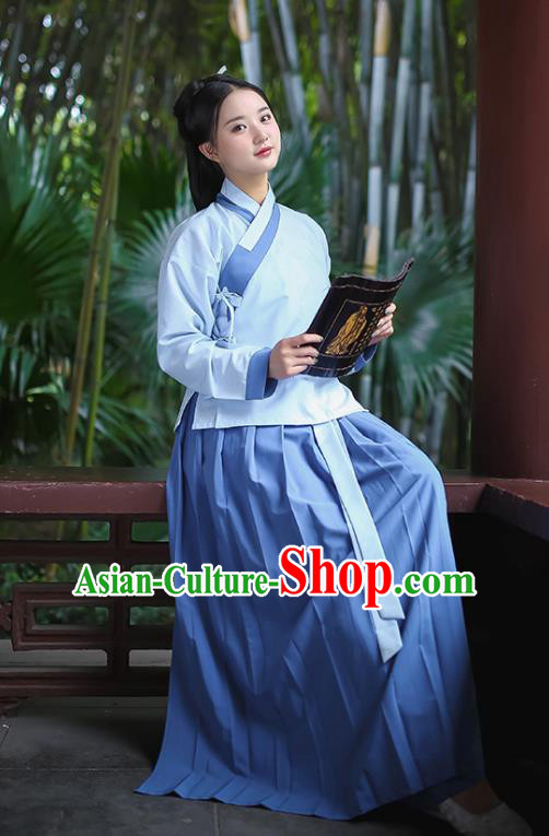 Traditional Chinese Ancient Hanfu Young Lady Costumes, Asian China Han Dynasty Princess Blue Blouse and Skirts for Women