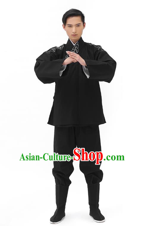 Traditional Chinese Ancient Hanfu Costumes, Asian China Han Dynasty Embroidered Black Shirt Upper Outer Garment for Men