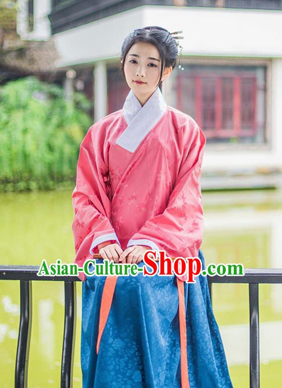 Traditional Chinese Ancient Young Lady Hanfu Costume, Asian China Ming Dynasty Princess Slant Opening Embroidered Pink Blouse for Women