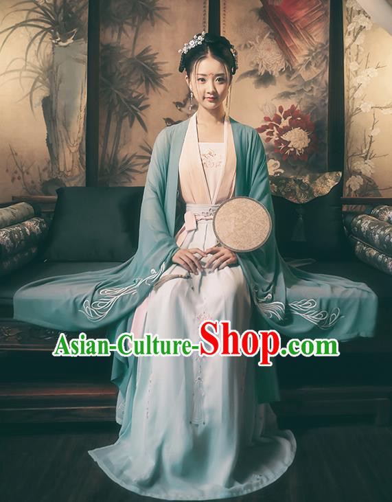 Traditional Chinese Ancient Royal Princess Hanfu Costume, Asian China Tang Dynasty Palace Lady Embroidered Wide Sleeve Green Cloak for Women