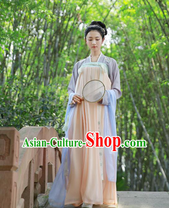 Traditional Chinese Ancient Hanfu Princess Costume, Asian China Tang Dynasty Palace Lady Embroidered Blouse and Pink Slip Skirts for Women