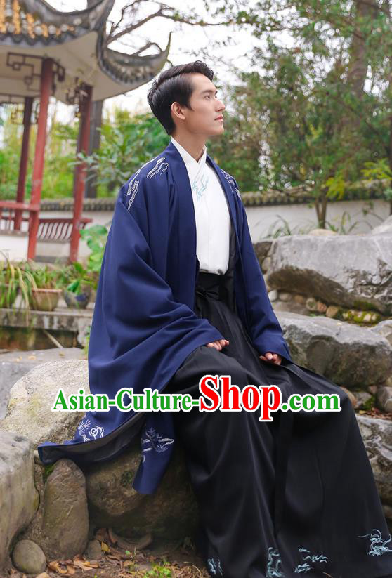Traditional Chinese Ancient Hanfu Swordsman Costume, Asian China Han Dynasty Imperial Bodyguard Embroidered Royalblue Cloak for Men