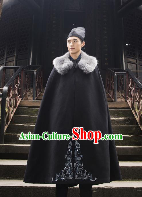 Traditional Chinese Ancient Hanfu Swordsman Costume Hooded Mantle, Asian China Han Dynasty Imperial Bodyguard Embroidered Black Cloak for Men