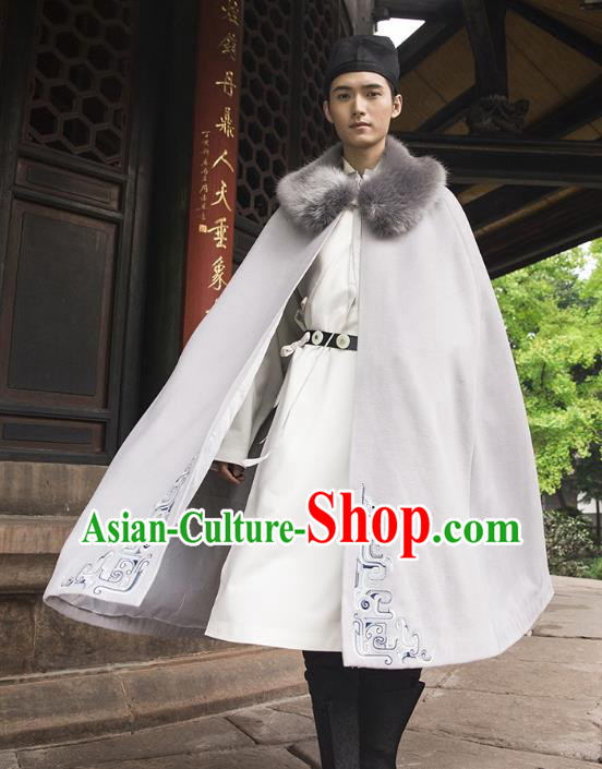Traditional Chinese Ancient Hanfu Swordsman Costume Hooded Mantle, Asian China Han Dynasty Imperial Bodyguard Embroidered Grey Cloak for Men