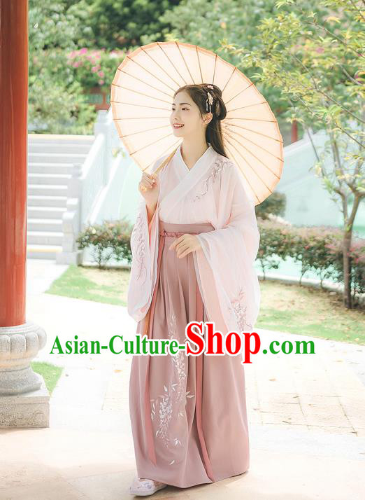 Traditional Chinese Ancient Hanfu Costume Palace Lady Clothing, Asian China Jin Dynasty Embroidered Pink Blouse and Pink Skirts for Women