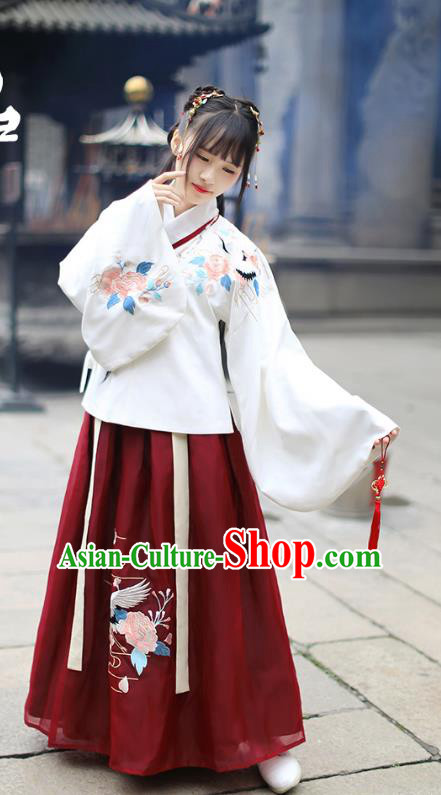 Traditional Chinese Ancient Hanfu Costume Palace Lady Dress, Asian China Ming Dynasty Embroidered White Blouse and Red Skirt Clothing for Women