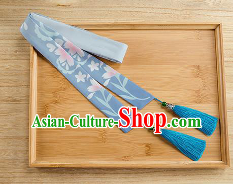 Traditional Chinese Ancient Hanfu Hair Accessories, Asian China Han Dynasty Princess Hair Clasp Printing Blue Silk Tassel Headband