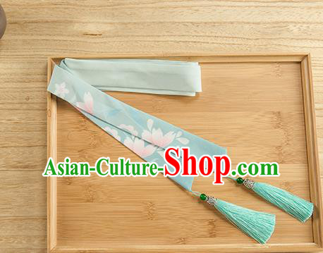 Traditional Chinese Ancient Hanfu Hair Accessories, Asian China Han Dynasty Princess Hair Clasp Printing Green Tassel Silk Headband